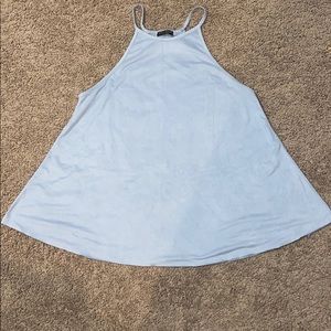 Light blue, stretchy+flowy faux suede tank top.